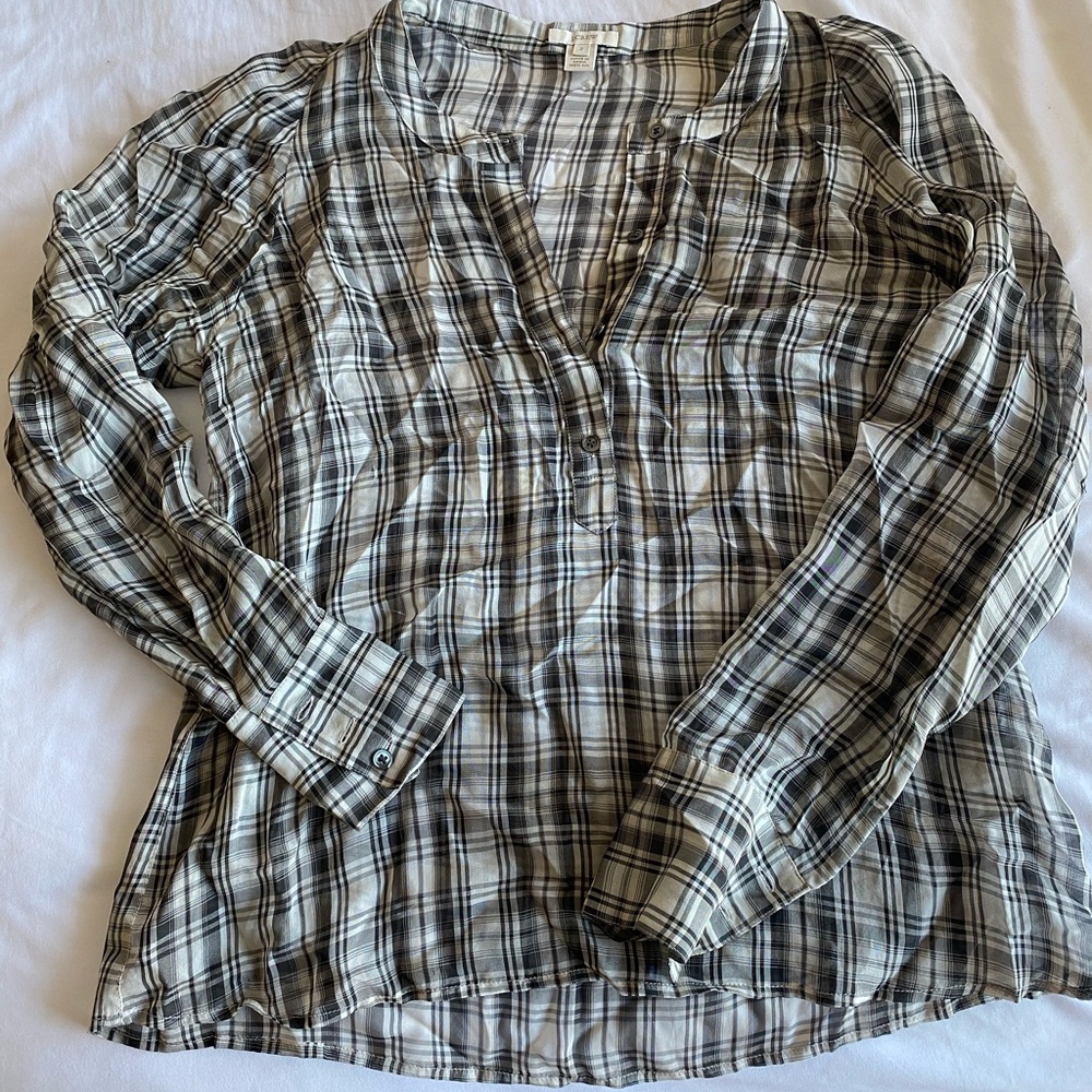 JCrew silk chiffon plaid button down